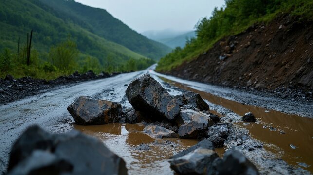 A road with a lot of rocks and mud