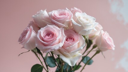 Obraz premium A pink and white rose bouquet with a pink background