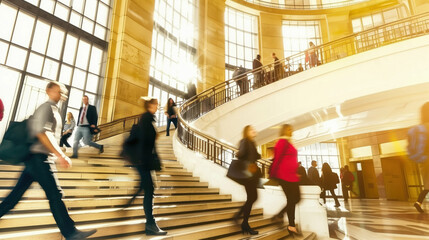 A busy city street with people walking up and down the stairs