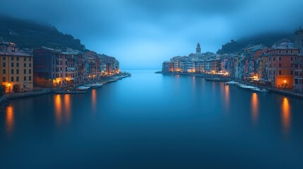 Twilight view of colorful waterfront town with calm water.