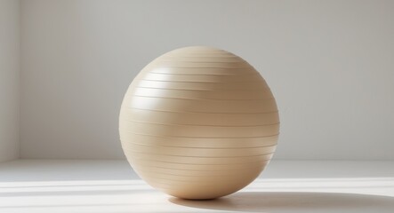 A single beige exercise ball rests on a white surface