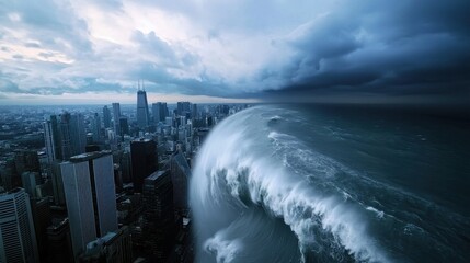 A city is shown with a huge wave coming towards it