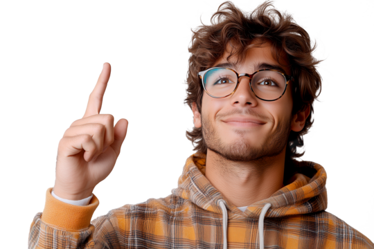 Young man with curly hair, glasses, plaid shirt, raised index finger, thoughtful expression, casual style, isolated PNG portrait with transparent background
