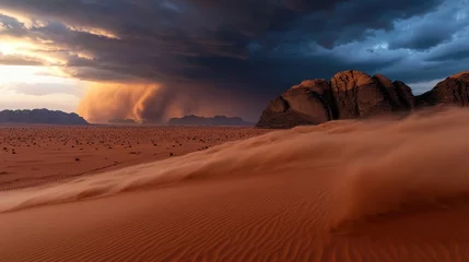A desert landscape with a storm in the distance