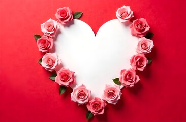 A heart decorated with pink-red flowers on a red background.
