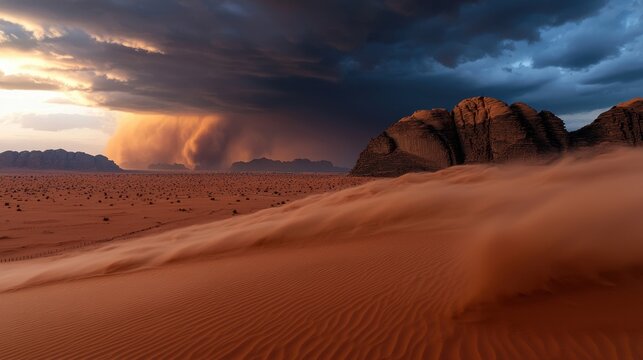 A desert landscape with a storm in the distance