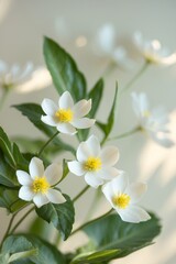 Obraz premium White Flowers with Yellow Centers Surrounded by Lush Green Leaves on a Light Background