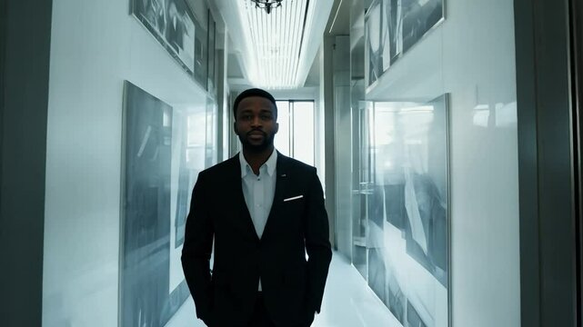 Man in a suit is walking down a hallway. Concept of professionalism and formality