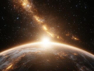 Obraz premium Stunning celestial sunrise over earth digital abstract background space theme cosmic environment wide-angle view for inspiration