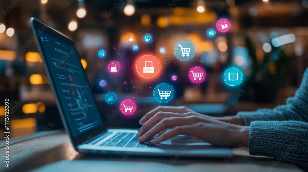 Aufkleber hands typing on laptop keyboard with colorful online shopping and e commerce icons floating above, r