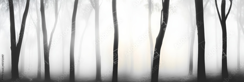 Poster mysterious black and white panorama capturing a foggy forest with tall trees vanishing into mist, ev