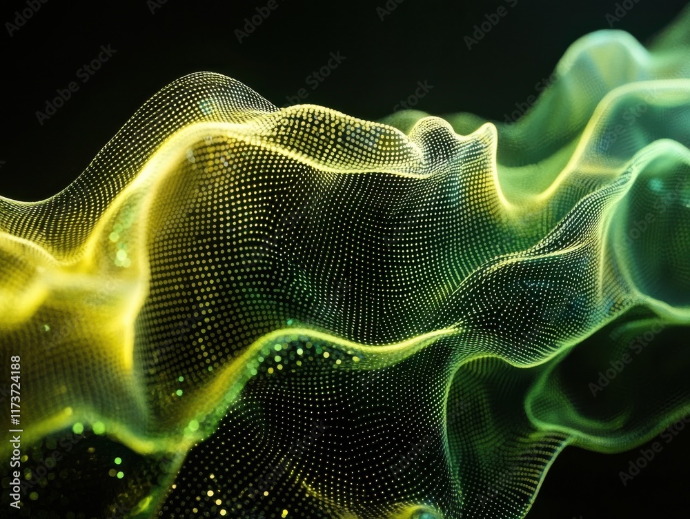 Poster dynamic digital abstract waves studio setting visual art dark environment close-up view sci-fi conce