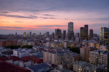 Fototapeta premium シティ, 地平線, 摩天楼, アーバン, ビル, ビル, 建築, ダウンタウン, 夕焼け, 都市景観, 空, 景色, 