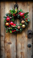 Festive Christmas wreath adorns rustic wooden door, adding charm and holiday cheer to the scene.