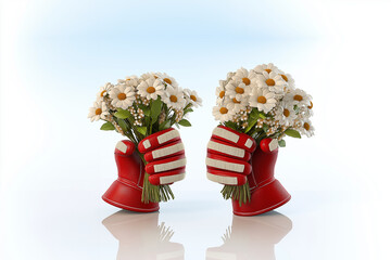 
A pair of red winter gloves holding a bouquet of white flowers against a blue background, symbolizing the end of winter and the beginning of spring.