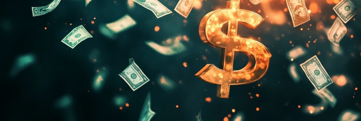 Luminous golden dollar sign surrounded by falling dollar bills, representing financial concepts like investment, wealth, and economic activity