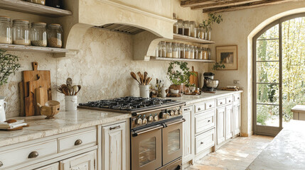 Rustic Italian kitchen with stove, open door, garden view, pantry shelves