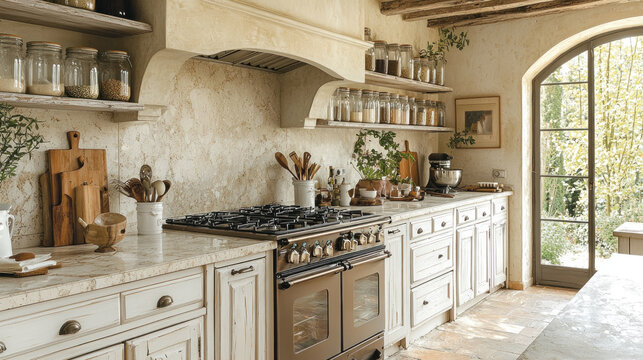 Rustic Italian kitchen with stove, open door, garden view, pantry shelves