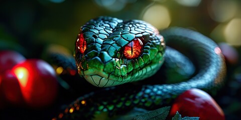  forbidden fruit concept with serpent and apple in garden of eden