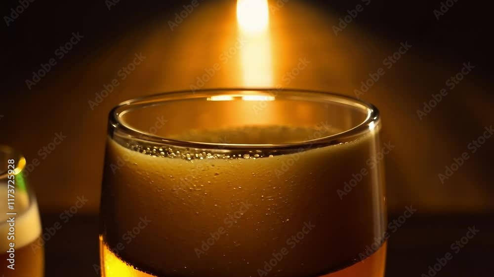 Wall mural glass of liquid is sitting on a table with a light shining on it. the light creates a shadow of the 