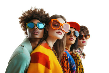 Stylish models showcase vibrant sunglasses in a creative display featuring diverse fashion choices against a white background