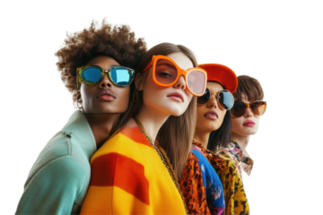 Stylish models showcase vibrant sunglasses in a creative display featuring diverse fashion choices against a white background