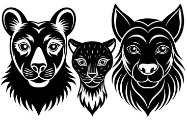 Animal Faces Silhouette Vector Set with Lion, Cat, and Wild Creatures