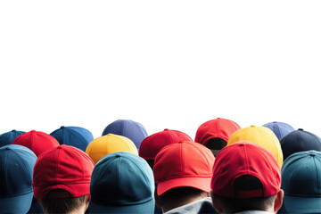 Group of cheerful young people in red shirts and caps smiling together, showcasing friendship and positivity in a light-hearted gathering on a sunny day