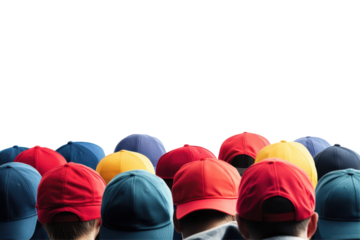 Group of cheerful young people in red shirts and caps smiling together, showcasing friendship and positivity in a light-hearted gathering on a sunny day