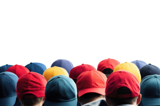 Group of cheerful young people in red shirts and caps smiling together, showcasing friendship and positivity in a light-hearted gathering on a sunny day