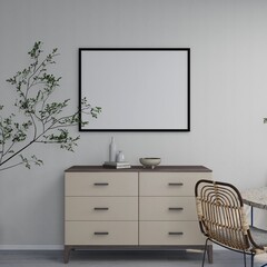 Fototapeta premium Horizontal frame mockup on a white wall, sideboard with table decorations and ornamental plant. 3D rendering, interior design, 3D illustration