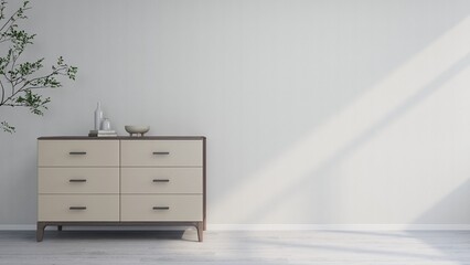 White wall mockup with decorated sideboard and ornamental plant. 3D rendering, interior design, 3D illustration