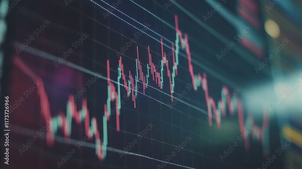 Poster Red and teal candlestick chart fluctuating on a dark computer screen, representing cryptocurrency investment, financial markets and online trading activity