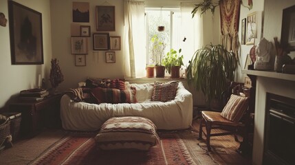 Cozy Living Room Interior Design - Warm, inviting space, natural light, bohemian decor, comfortable seating, houseplants.