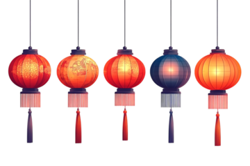 set of traditional red Chinese lantern isolated on transparent background png. decorative paper border frame stickers for Chinese lunar new year