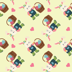 Seamless pattern, Easter bunny with eggs, heart, vector