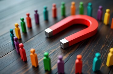 Colorful figurines of people surround red horseshoe magnet. Attracting clients core business strategy. Image represents customer acquisition. Retention strategies. Attracting new customers. Effective