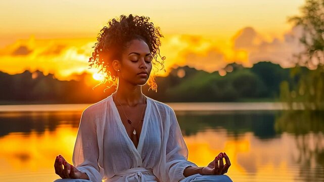A young Black woman sits cross-legged on the water's edge, meditating peacefully as the sunset paints the sky in warm hues. The serene atmosphere evokes calmness and reflection.