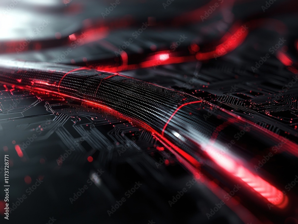 Poster dynamic technological abstract background with red circuitry digital environment macro viewpoint for
