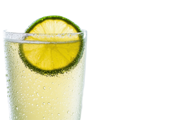 Refreshing beverage served in a glass with a slice of lime on a transparent background