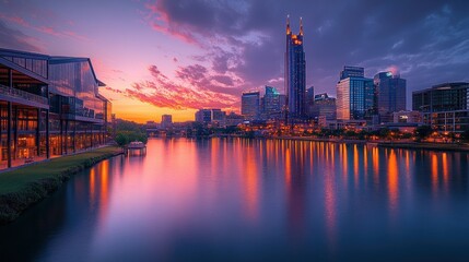 Fototapeta premium Vibrant sunset over city skyline reflected in calm water.