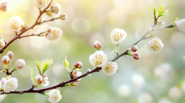 spring renewal, droplets form as frost thaws on branches, while delicate buds under it blossom with vibrant life and hues