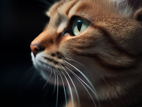 Close-up of a Bengal cat with green eyes in soft light