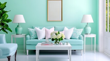 Mint Green Living Room Serenity - A tranquil space, symbolizing peace, calmness, freshness, elegance, and sophistication.  Mint green walls and a light blue sofa create a serene atmosphere.
