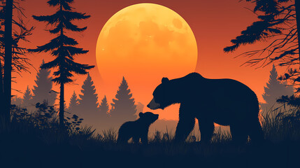 Fototapeta premium A mother bear stands protectively over her cub, both silhouetted by the glowing orange moonrise in a tranquil forest landscape during twilight. Moonrise. Illustration