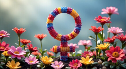 Fototapeta premium Feminist symbol made of colorful beads surrounded by blooming flowers. Concept for Women’s Day, empowerment, and gender equality