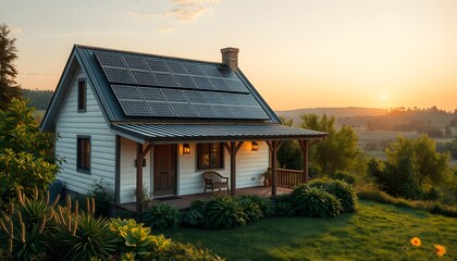Fototapeta premium Rural cottage, solar panels, sunset, rolling hills, countryside, cozy home, green energy, idyllic landscape, warm glow
