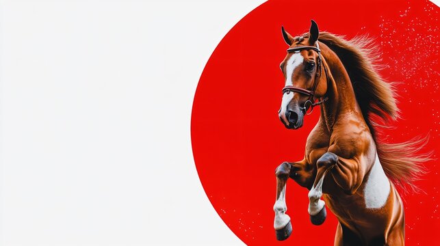 Majestic Brown Horse Leaping Red Background Artistic Equestrian Image
