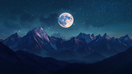 Celestial moonrise over majestic mountains dreamy landscape night scene ethereal atmosphere panoramic view. Moonrise. Illustration