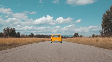 Obraz premium Yellow vintage car driving on empty road.